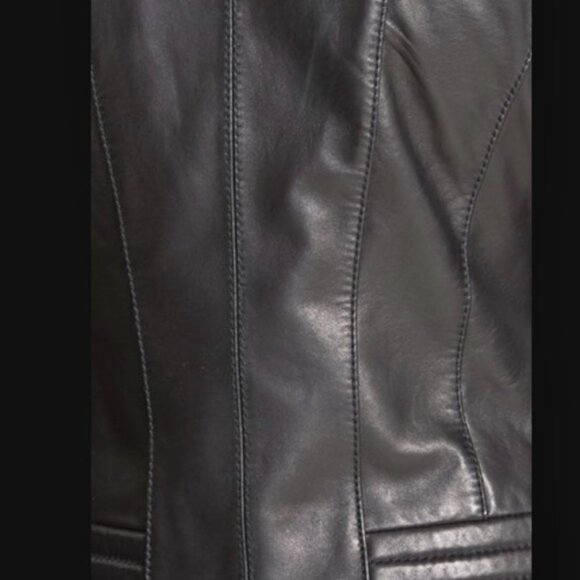 Michael Kors Leather Moto Jacket Full Zip Biker Jacket Zip Pocket Black Wm M NEW - Picture 2 of 12